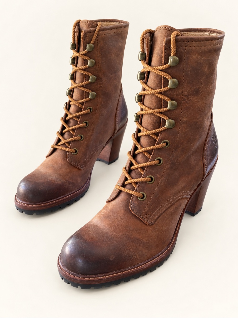 Frye Lucy Lace Up Leather Moto Heeled Combat Boots Womens 7.5M Brown